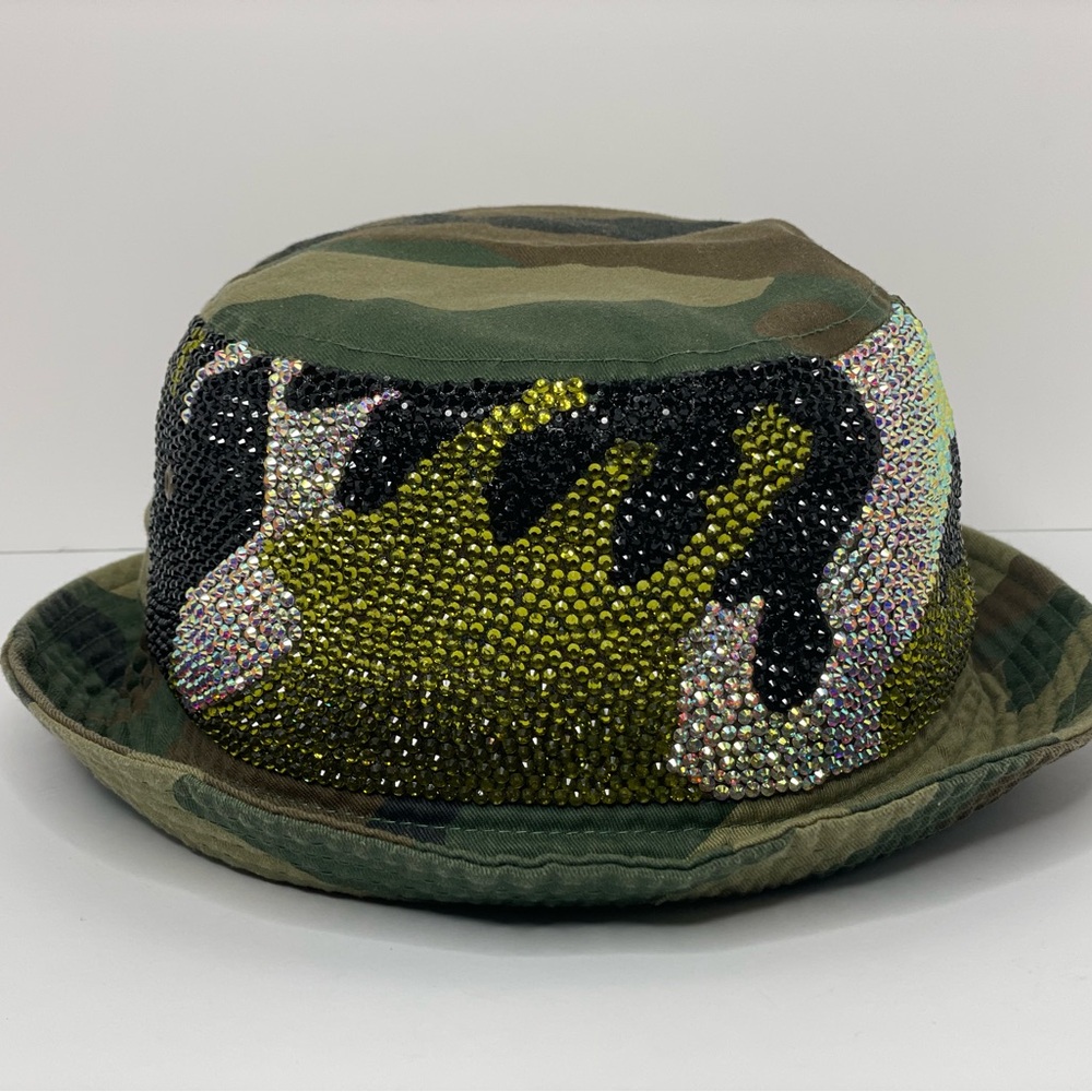 Camo Bucket Hat with Green & Iridescent Crystal Flame Design